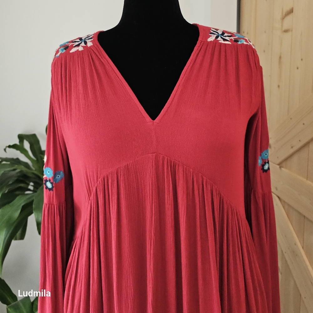 FREE PEOPLE Women's Size XS Red Combo Embroidered Long-Sleeve Blouse‎ - Picture 4 of 10